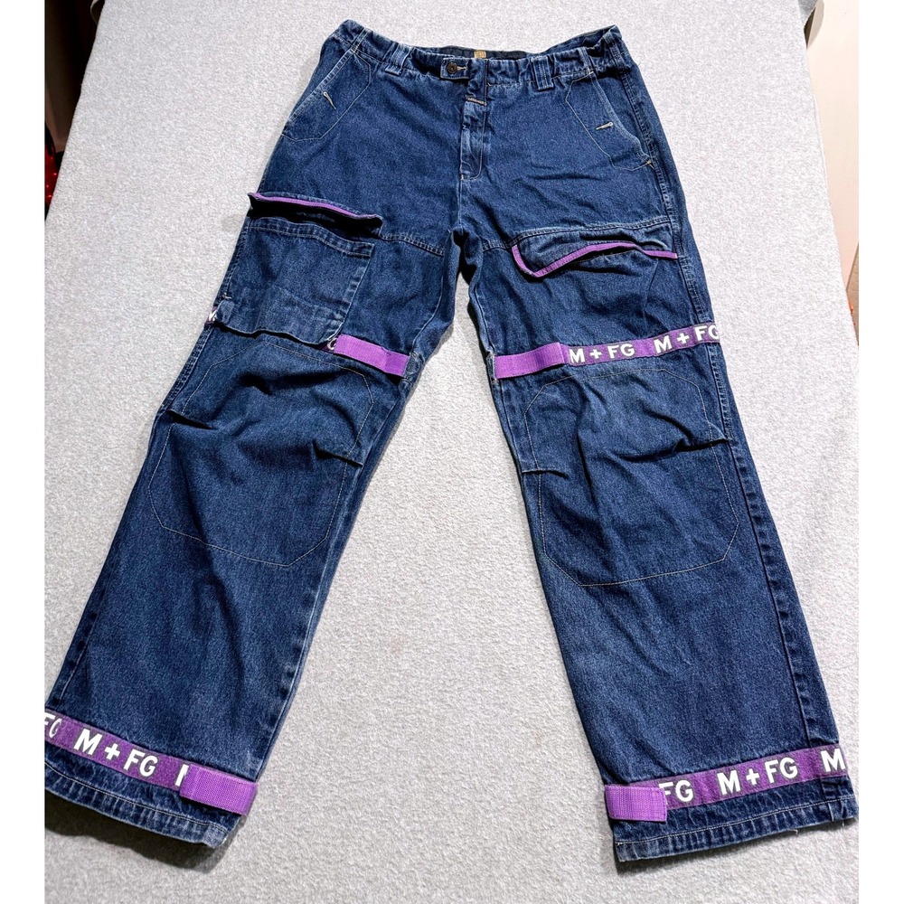 Marithe Francois Girbaud Mens 40M Blue Cargo Jeans Wide Leg Purple Logo Straps
